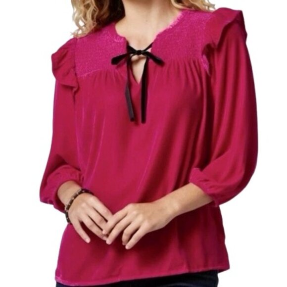 Cato Womens Peasant Top Dark Pink Velvet Ruffled Smocked Tie Neck XL - Picture 1 of 4